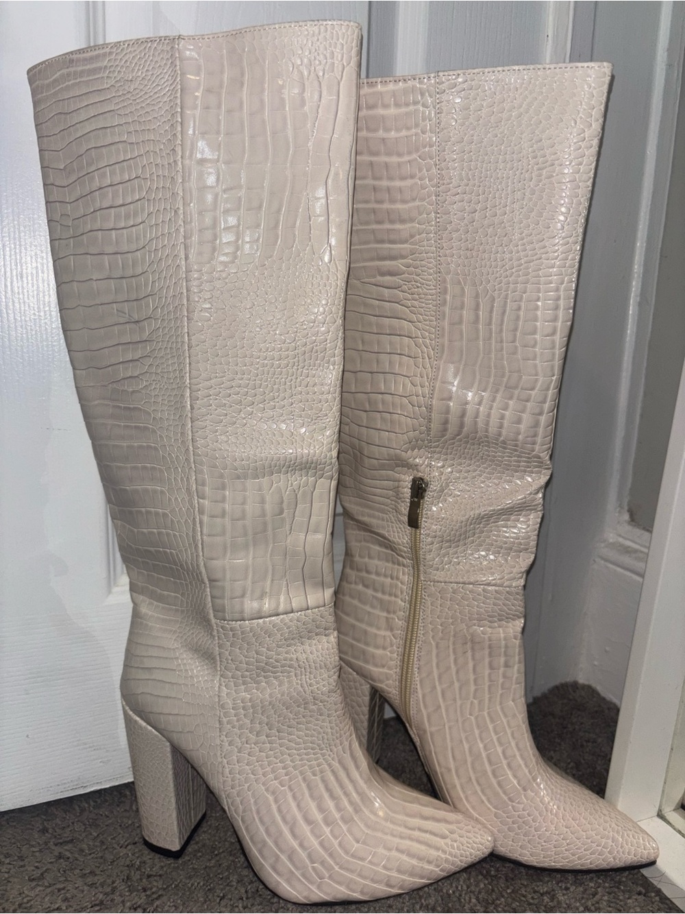 Cream Croc Embossed Knee High Block Heel Boots | Size 38 (US 7.5/8)